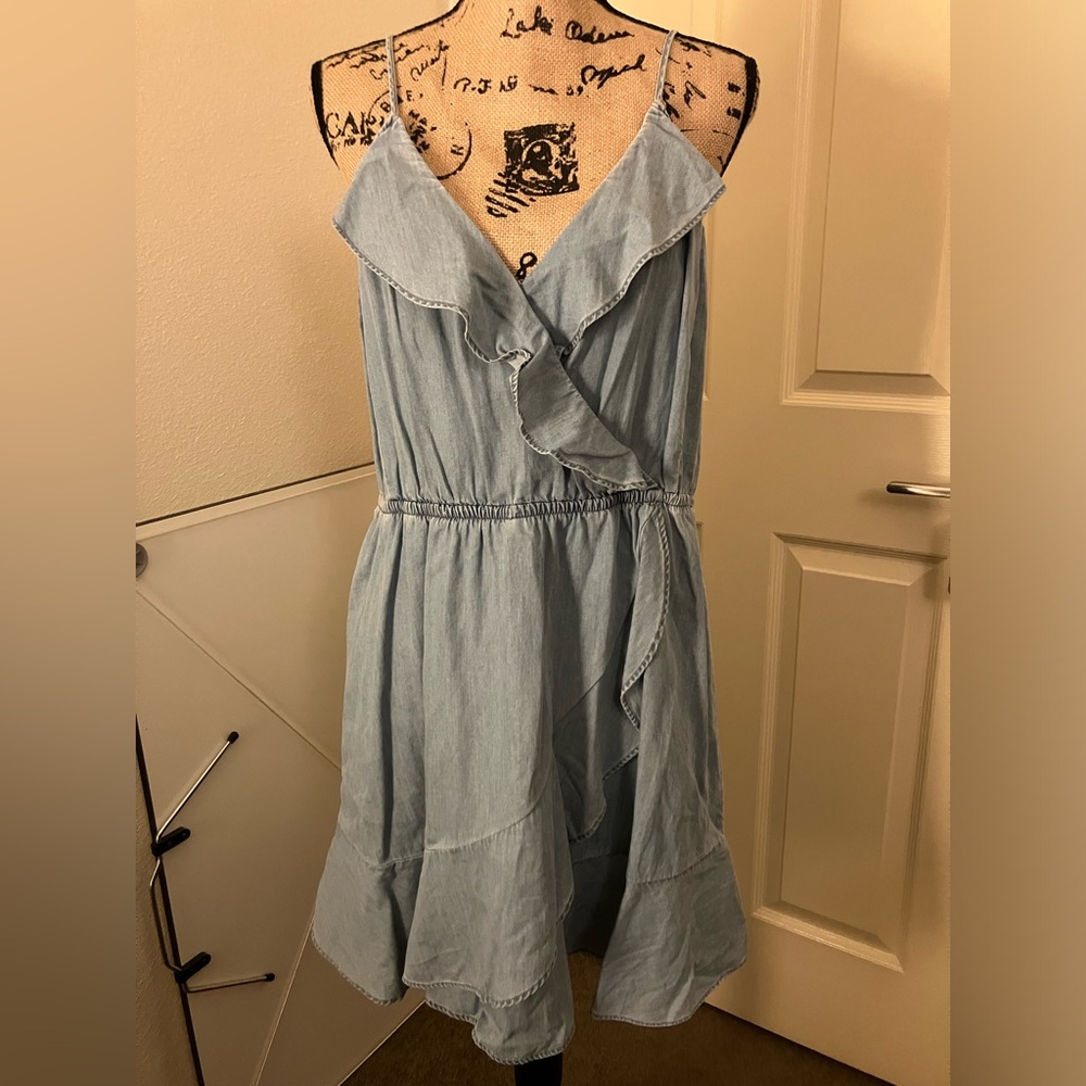 Express chambray denim ruffle short dress wrap cross over top large L summer
